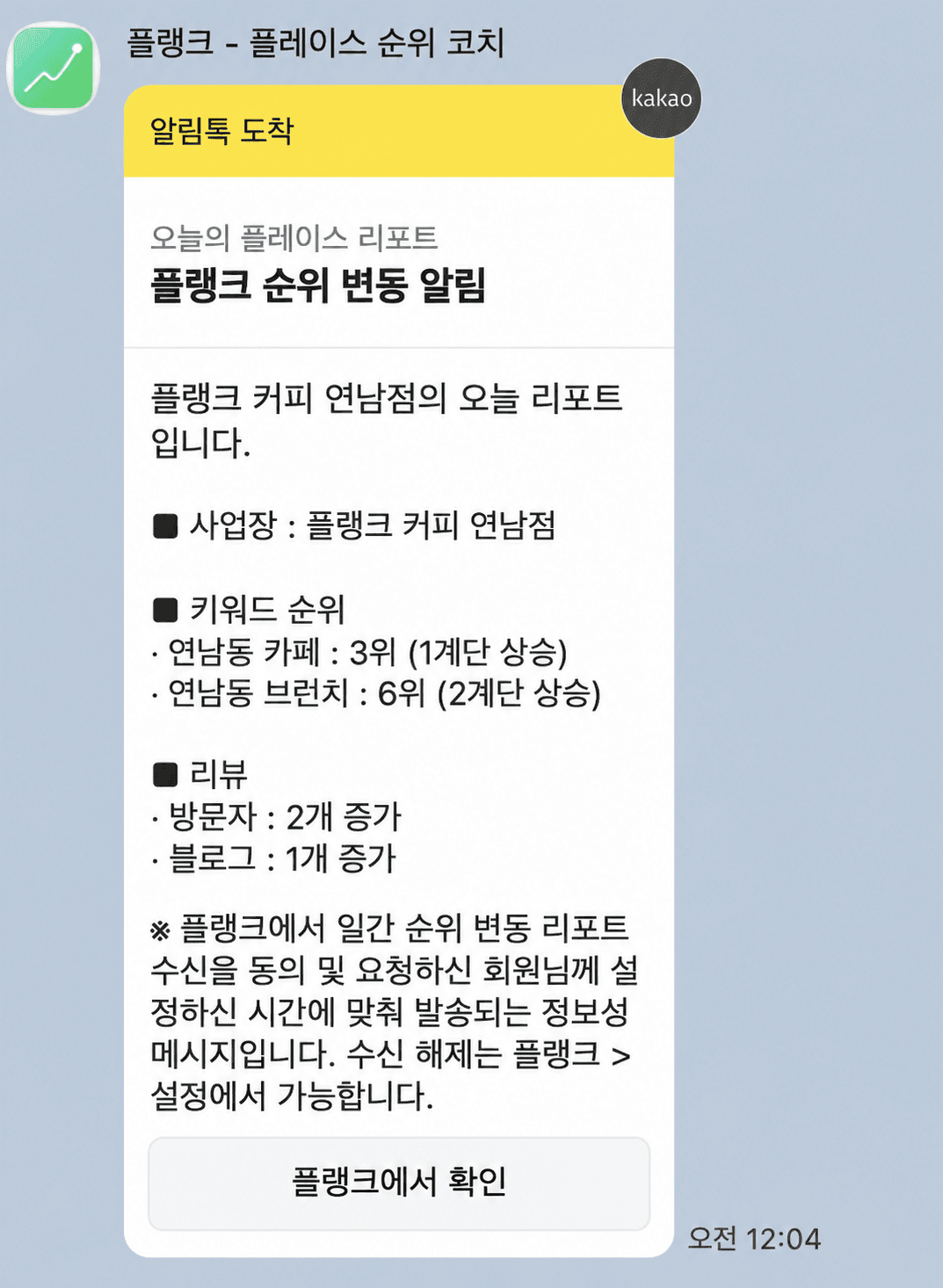 카카오 알림톡으로 도착한 플랭크 커피 연남점 순위 변동 리포트 예시